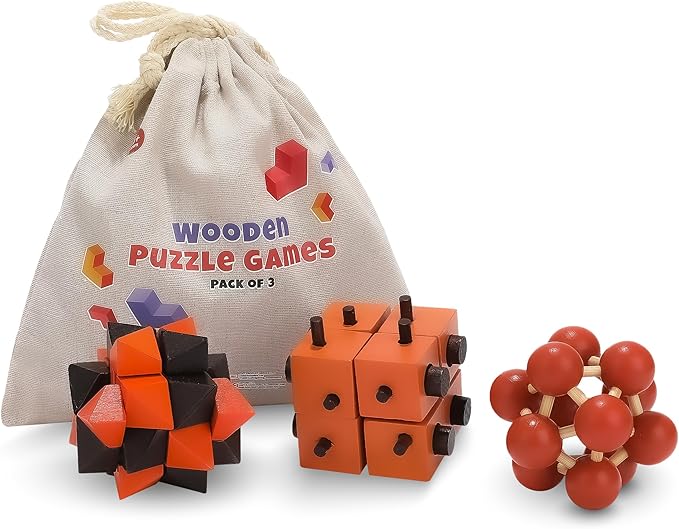 Sharp Brain Zone Wooden Brain Teaser Puzzles for Adults & Kids (Kongming Puzzle Set of 3)