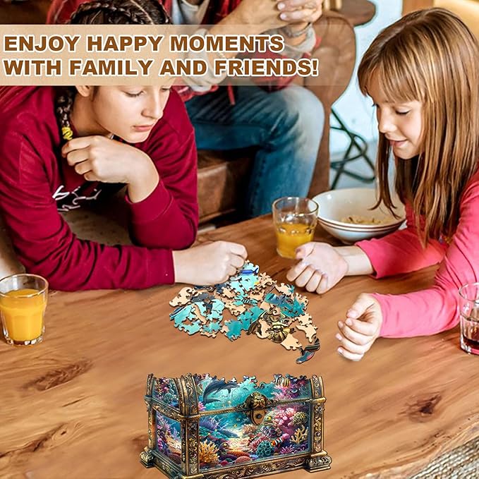 Wooden Puzzles for Adults, Treasure Chest Ocean Wooden Jigsaw Puzzle Unique Shape Animal Wood Puzzles Adult 3D Visual Effect, Birthday Gifts for Puzzle Lovers Family Games (M-11.4 * 11in-190pcs)