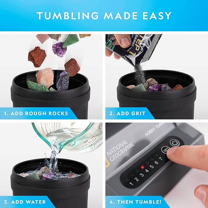 Blue Marble National Geographic Rock Tumbler Kit – Hobby Edition Includes Rough Gemstones, and 4 Polishing Grits, Great STEM Science Kit for Geology Enthusiasts, Rock Polisher for Kids and Adults