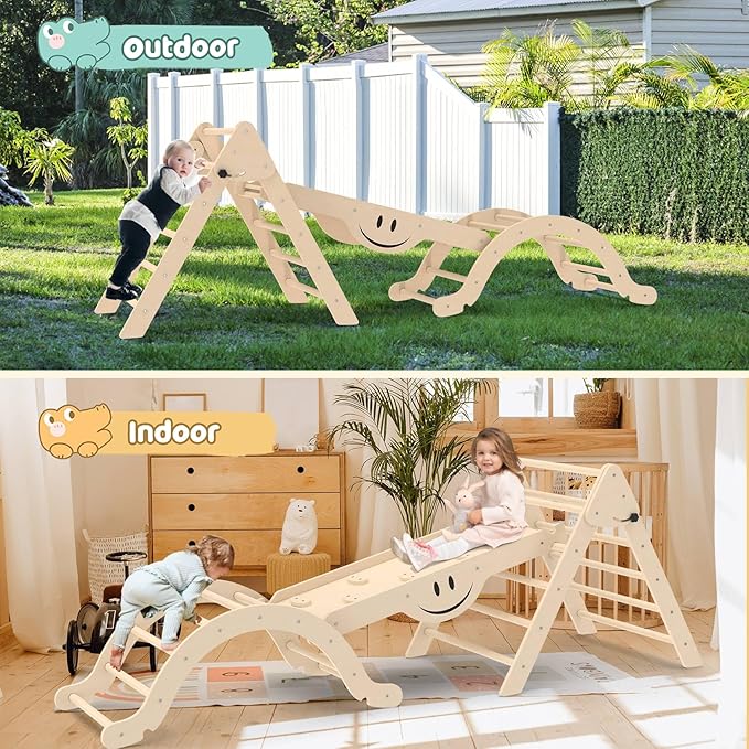 BIERUM 8 in 1 Pikler Triangle Set with Soft Cushion, Montessori Foldable Toddler Pickler Climbing Set with Ramp, Wooden Jungle Gym, Indoor Playground for Toddlers and Kids, Natural