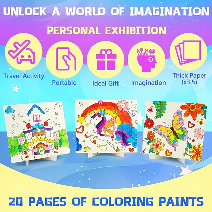 20 Pages Coloring Books for Kids Ages 4-8 with 5 Display Stands, 12 Color Strips Water Color Paint Set, Arts and Crafts Drawing Activities Party Favors for Kids 3-5, Toys Birthday Gifts for Boys Girls