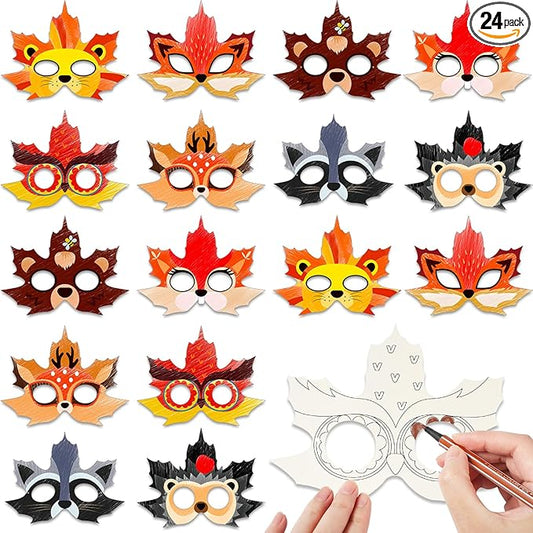 Funrous 24 Pcs Fall Craft Kits Autumn Maple Leaf DIY Mask Color Your Own Animal Blank Painting Paper Mask Thanksgiving Craft