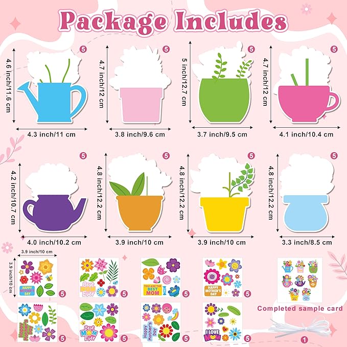 ANGOLIO Mother's Day Craft Kit for Kids - 40Sets Mother's Day Flowers DIY Paper Craft Kit Make Your Own Flower Pot Hanging Ornaments with Floral Stickers for Mom Ladies Classroom DIY Art Activities