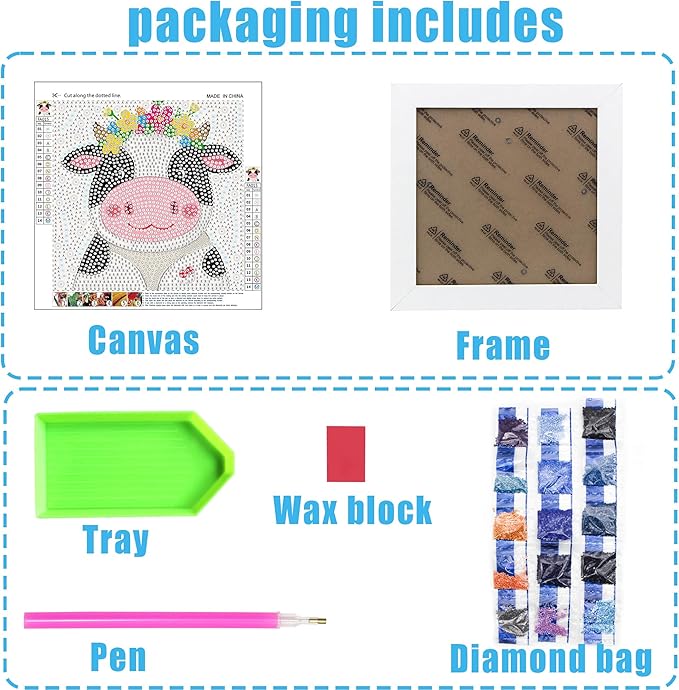 geesfayan Diamond Art Kits for Kids Ages 8-12,6 Inch DIY Gem Art Painting with 7 Inch Frame, Complete Starter Kit for Beginners, Creative Arts & Crafts Gift for Girls & Boys (Cartoon Calf)