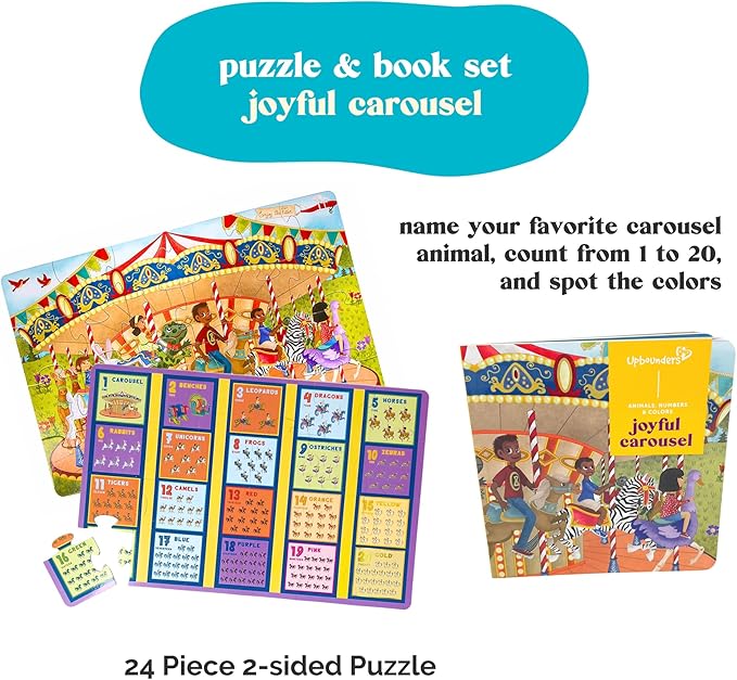 Upbounders® Double Sided Carousel Animal Jigsaw Puzzle & Picture Book Set for Kids | 24 Pcs Animals, Numbers & Colors Educational Toddler Toy | Preschool Jumbo Puzzle with Board Book for Boys & Girls