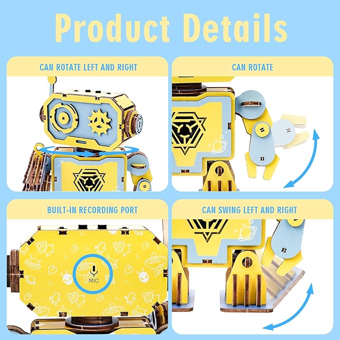 Kosmickiss 3D STEM Wooden Puzzles for Kids, 3D Wooden Models with Voice Recorder, Science STEM Building Kit Creative Craft Toys for Boys Girls Age 8-13 Years Education Birthday Gifts (Yellow Robot)