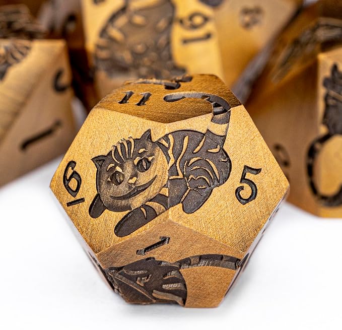 Metal DND Cat Dice Polyhedral RPG Dice Set with Gift Case for Dungeons Dragons Role Playing Game, 7PCS D and D Dice D6 D8 D10 D12 D20 D% (Antique Gold)