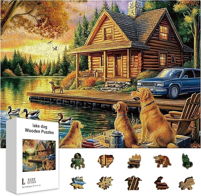 GLOBLELAND 300Pcs Lake Dog Wooden Jigsaw Puzzles for Adults 11.22x15.16inch Colorful Golden Retriever and Duck Wood Puzzles Holiday Birthday Gifts