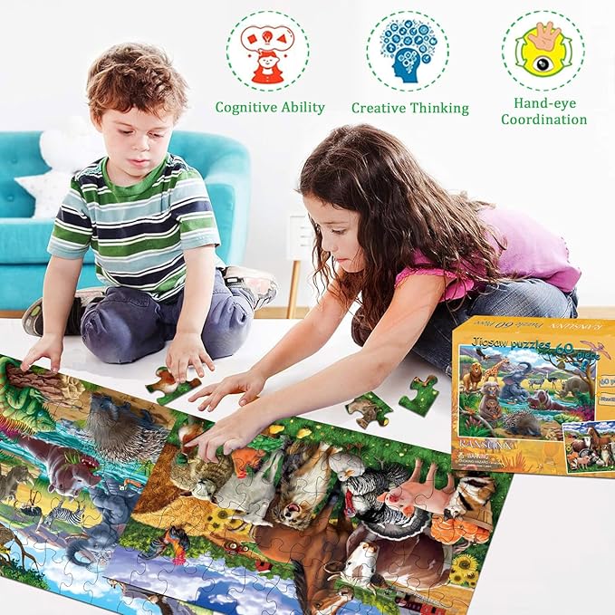 Puzzles for Kids Ages 4-8 Year Old - Farm & Wild Animal,2 Packs 60 Pieces Jigsaw Puzzle for Toddler Children Learning Educational Puzzles Toys for Boys and Girls.