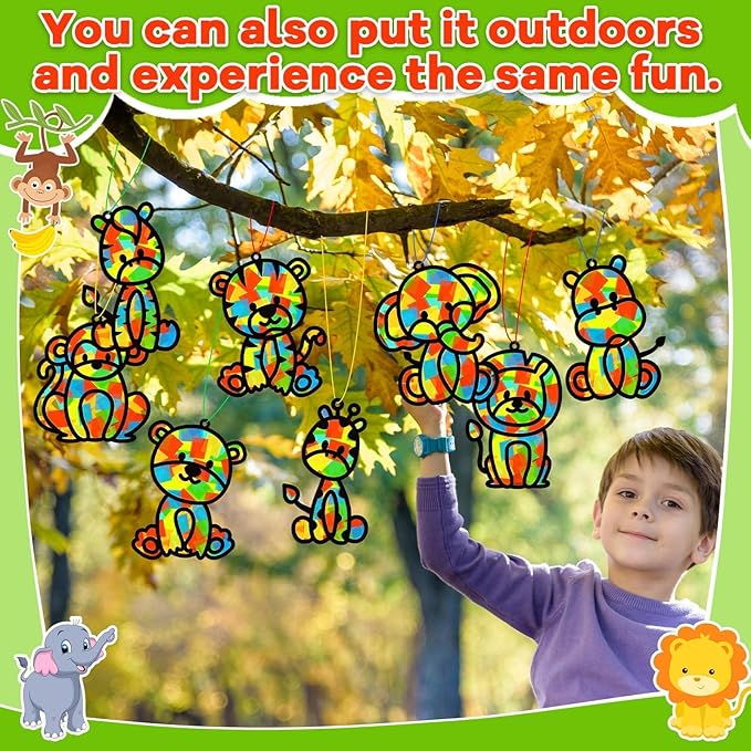 32 Sets Woodland Animal Suncatchers Craft Kit DIY Window Stained Glass Effect Forest Jungle Animals Paper Craft Home School Classroom Decoration Kid Birthday Gift Creative Art Project Activity Game