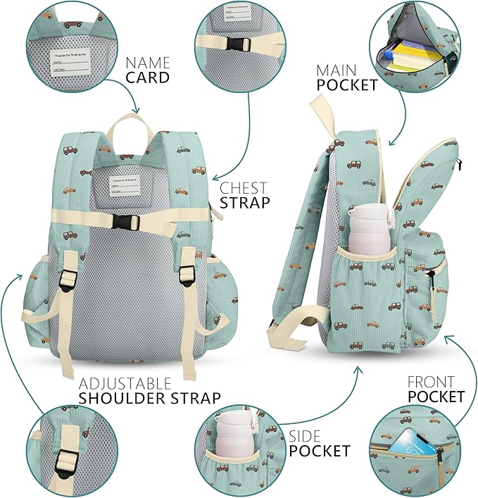 Corduroy Kids Backpack for Boys 6-10: Boys Backpacks for Elementary Kindergarten 15” H Fit Folder