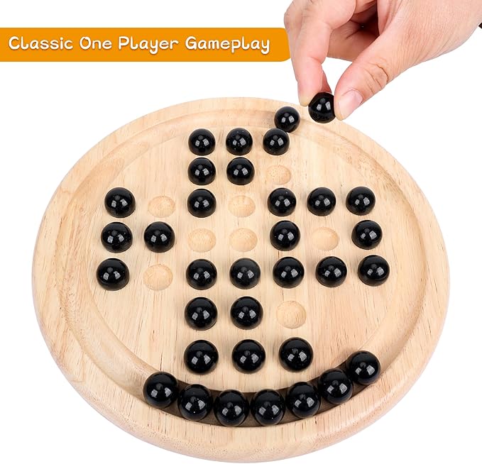Wooden Solitaire Board Game with 33 Piece Black Glass Marbles Classic One Player Gameplay Strategy Puzzle Board Games Kids & Adults Fun Family Tabletop Toys, Birthday Gift,Table Games
