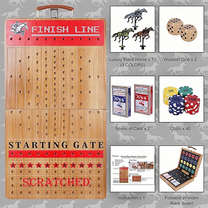 Glintoper Large 21" Horse Racing Game for Adults Family, Horse Race Board Games with 11 Luxury Metal Horses, Foldable Wood Board with 2 Dices 2 Boxes of Cards 40 Poker Chips Finish Line for Parties