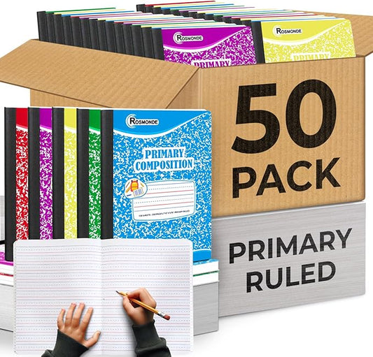 50 Pack Bulk Primary Composition Notebooks, 200 Pages (100 Sheets), 9-3/4" x 7-1/2", Grades K-2, Primary Ruled Composition Notebook, Bulk Writing Journal for Kids, Hardcover, Assorted Marble