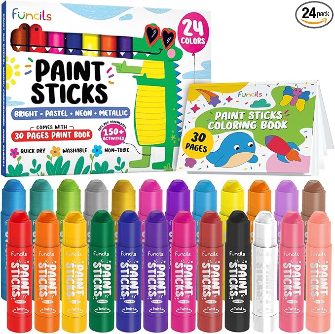 24 Tempera Paint Sticks for Kids with Coloring Book - Washable, Non-Toxic Markers for Toddlers | Works on Paper, Canvas, Wood, Cardboard - Art Craft Supplies, Painting Crayons Ages 1 2 3 4 5 6