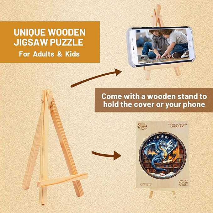 Wooden Jigsaw Puzzles for Adults, Snowy Library Dragon Wood Puzzles Adult, Wooden Puzzles for Adults, Unique Shape, Fun Gifts for Friends & Family, Home Decor(L -13.4 * 13.4in-300 pcs)