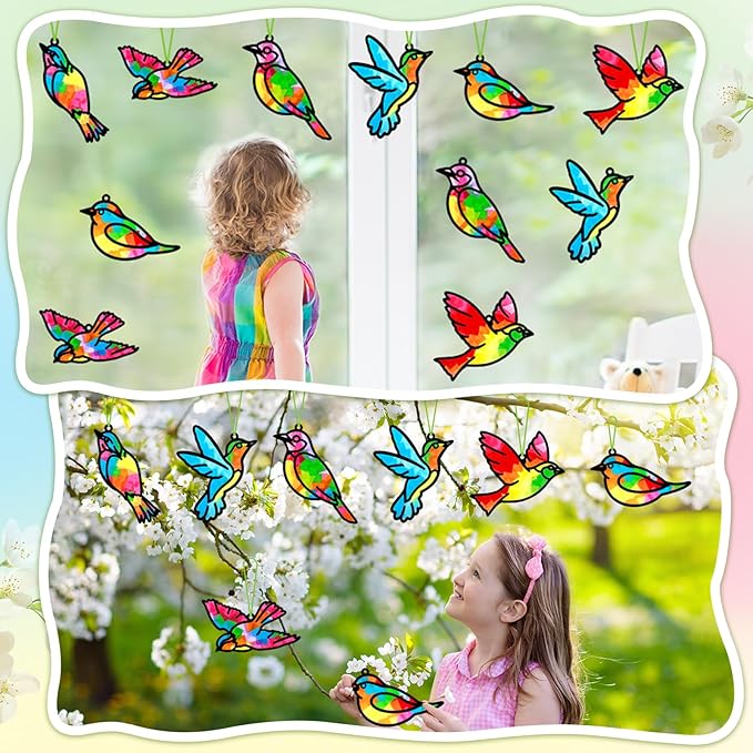 Qyeahkj 36 Set Bird Suncatchers Crafts for Kids DIY Bird Window Tissue Paper Craft Kit Animal Hanging Decor for Summer School Home Activity Art Project Birthday Party Favor Gift