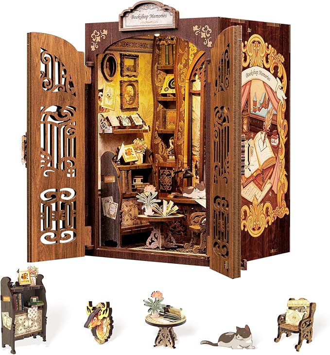 Fsolis Book Nook Kit, DIY Miniature Dollhouse Kit 3D Puzzles for Adults and Beginners, 127 Wooden Pieces, Tiny House Mini Booknook Craft Bookshelf Decor, Gifts for Women Book Lovers(Bookshop Memory)