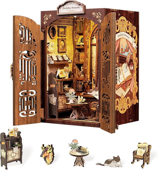 Fsolis Book Nook Kit, DIY Miniature Dollhouse Kit 3D Puzzles for Adults and Beginners, 127 Wooden Pieces, Tiny House Mini Booknook Craft Bookshelf Decor, Gifts for Women Book Lovers(Bookshop Memory)