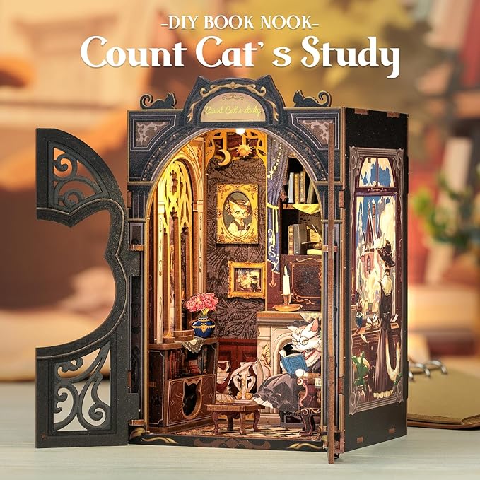 Cutefun Book Nook Kit - DIY Miniature House Kit for Bookshelf Decor, Book Nook Kits for Adults & Beginners, 3D Wooden Puzzle Dollhouse, Ideal Gift for Family and Friends (Count Cat's Study)