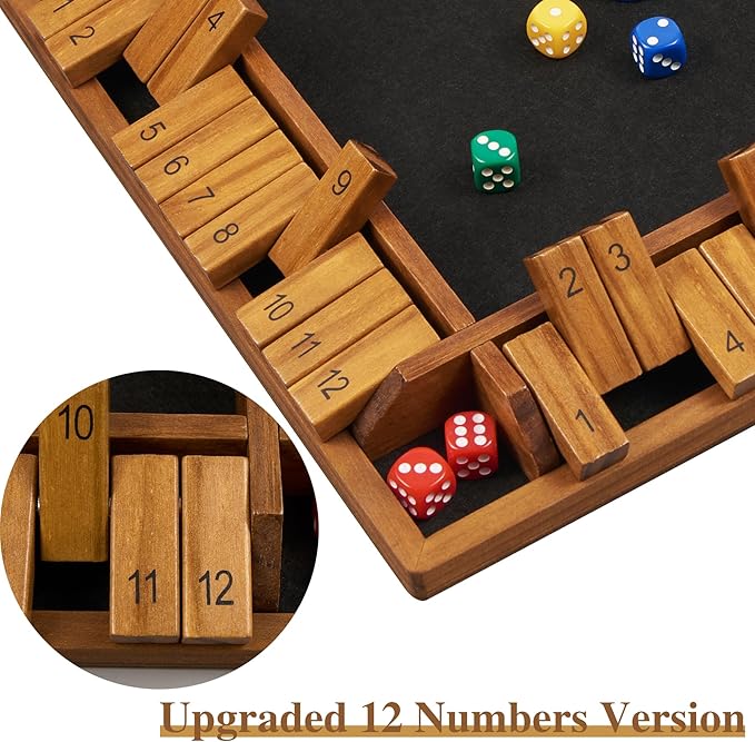 14 inches 1-4 Players Shut The Box Dice Game Upgraded 12 Numbers Wooden Board Table Math Game with 12 Dice Close The Box for Adult Kids, Family Classroom Home or Bar