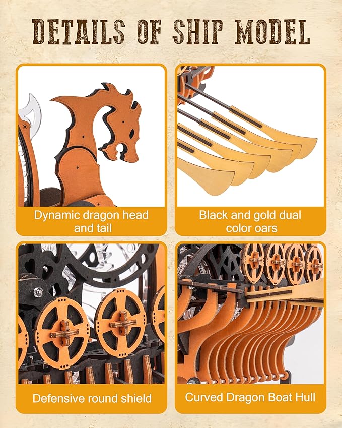 ROBOTIME LK802 Viking Dragon Ship Mechanical Wooden Puzzles, 229 Pieces 3D Puzzles for Adults, Crafts for Adults Hobby Building Kit