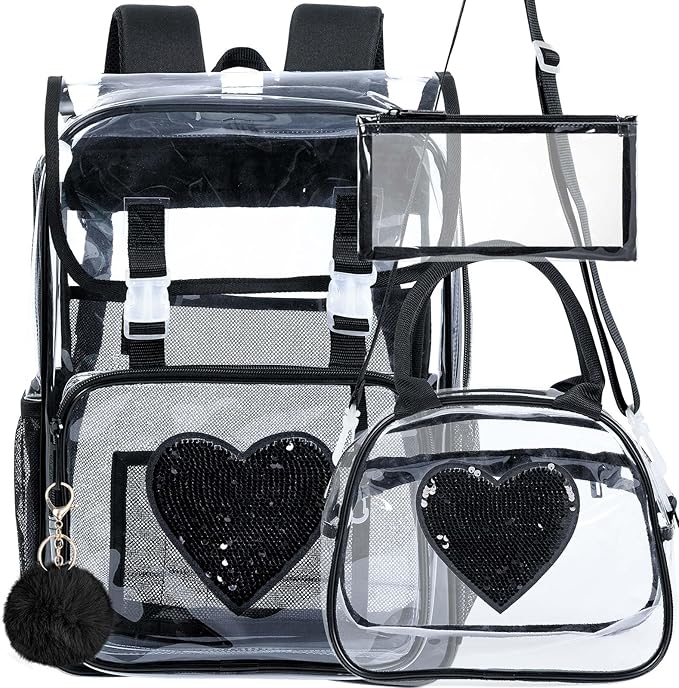 17" Sequin Clear Backpack for Girls - Sparkle Flip Design Stadium Approved 3Pcs Set, Heavy Duty PVC Bookbag for Concert/School (Black)