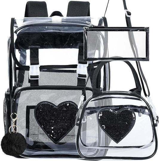 17" Sequin Clear Backpack for Girls - Sparkle Flip Design Stadium Approved 3Pcs Set, Heavy Duty PVC Bookbag for Concert/School (Black)