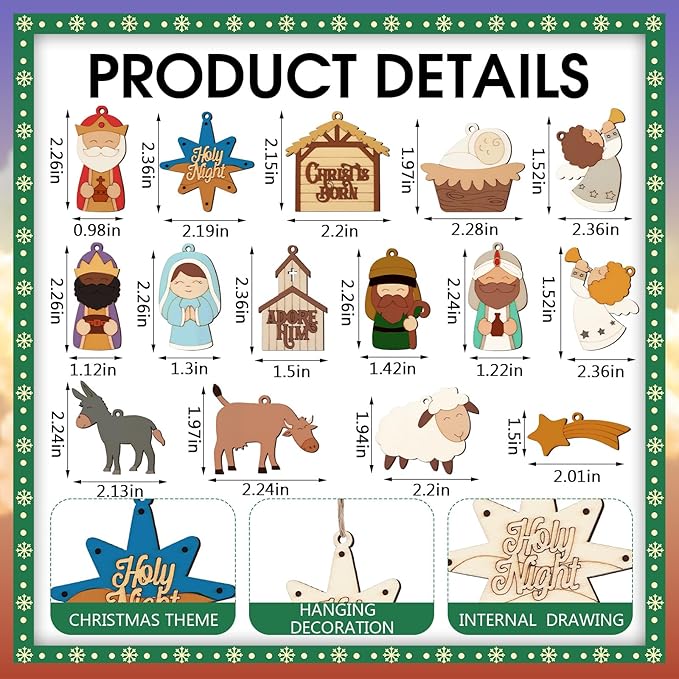 60 Pcs Wood Christmas Crafts for Kids DIY Paint Xmas Ornaments Blank Unfinished Wooden Cutouts Shapes Slices Hanging Embellishment for Christmas Tree Holiday Party Decor(Jesus Nativity)