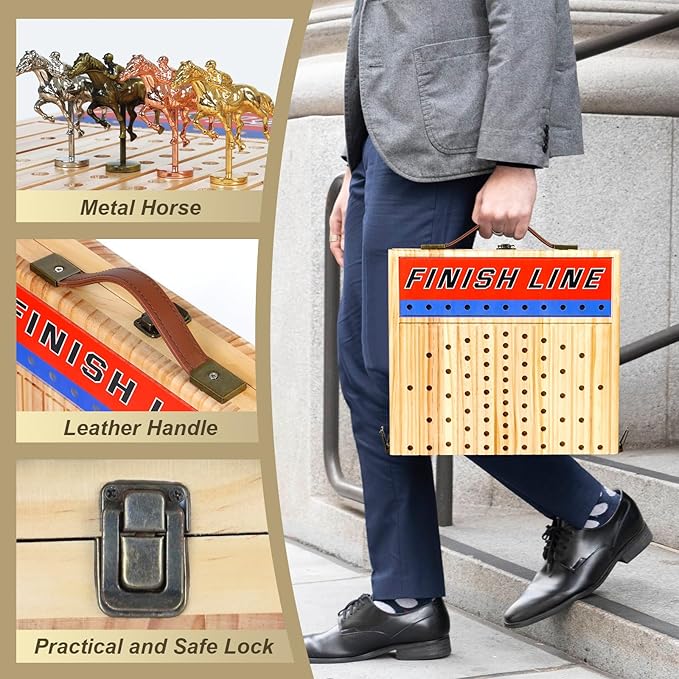 21 Inches Horse Racing Game, Horse Race Board Games with 11 Luxury Metal Horses,Thickened Wood Chessboard,Chips,Cards and Dice,Classic Wooden Table Top Board Games for Adults and Family