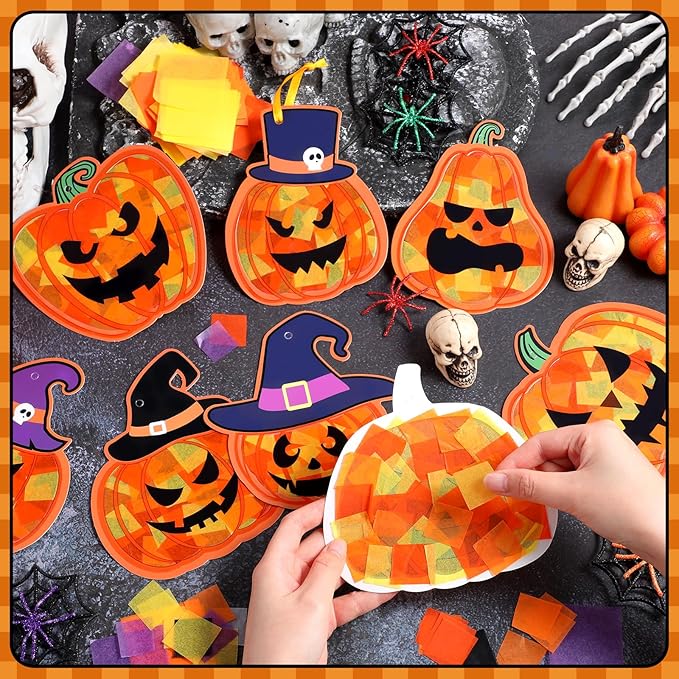 Tinlade 32 Sets Halloween Suncatcher Crafts Kit Pumpkin Suncatcher Paper Crafts with Tissue Paper DIY Window Stained Glass Effect Hanging Ornaments for Autumn Halloween DIY Activities Party Favors