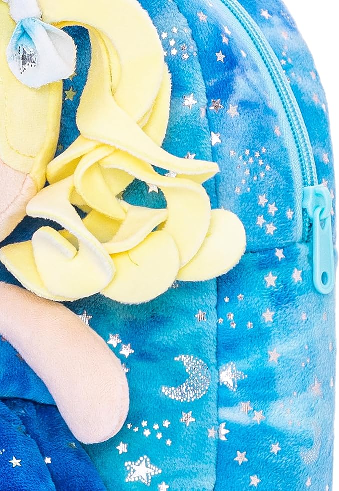 Gloveleya Toddler Backpack Baby Girl Gifts Plush Curly Girl Doll Backpacks Blue Dress with Glitter Stars 9 inches