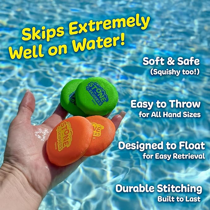 Soft Stone Skippers Game โ Fun Pool Toys for Kids All Ages - 4 Pack Water Skipping Discs Set โ Best Beach Games Gifts for Boys & Girls Ages 5 6 7 8 9 10 11 Year Old & Up - Water Bouncing Skip Ball Toy