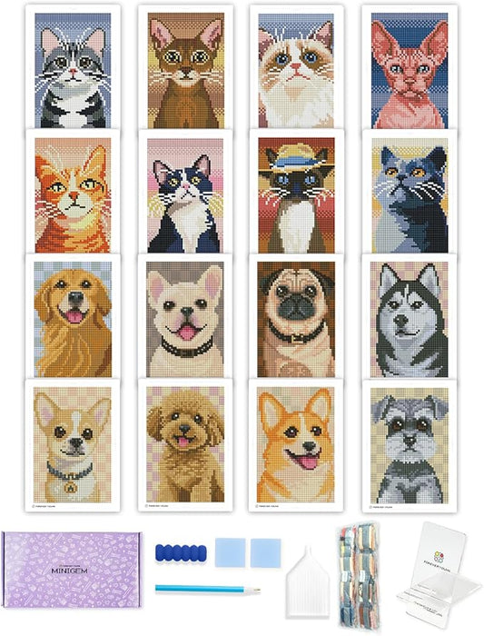 forever young Minigem Small Diamond Art Kits for Beginners, 16 Pcs Resin Square Drill Diamond Painting Kits for Adults, 2-Hour Postcard-Style Mini Diamond Art Kits 5x7 Inch – 2 Sets: Cats & Dogs