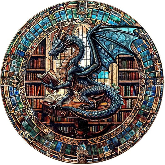 Jigfoxy Wooden Puzzles for Adults, Dragon's Library Wood Puzzles Adult, Unique Animal Shape Wooden Jigsaw Puzzles for Adults, Birthday Gifts for Puzzle Lovers, Family (S-8.5 * 8.5in-100pcs)