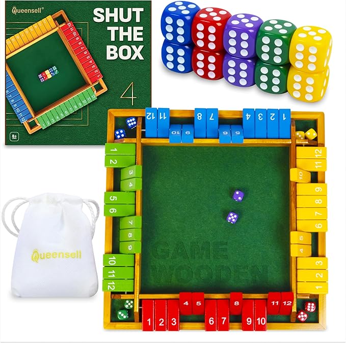 Shut The Box Game Wooden Board for 4 Players - 14-inch Shut The Box Game 12 Numbers for Adults & Kids - Ideal for Games Night