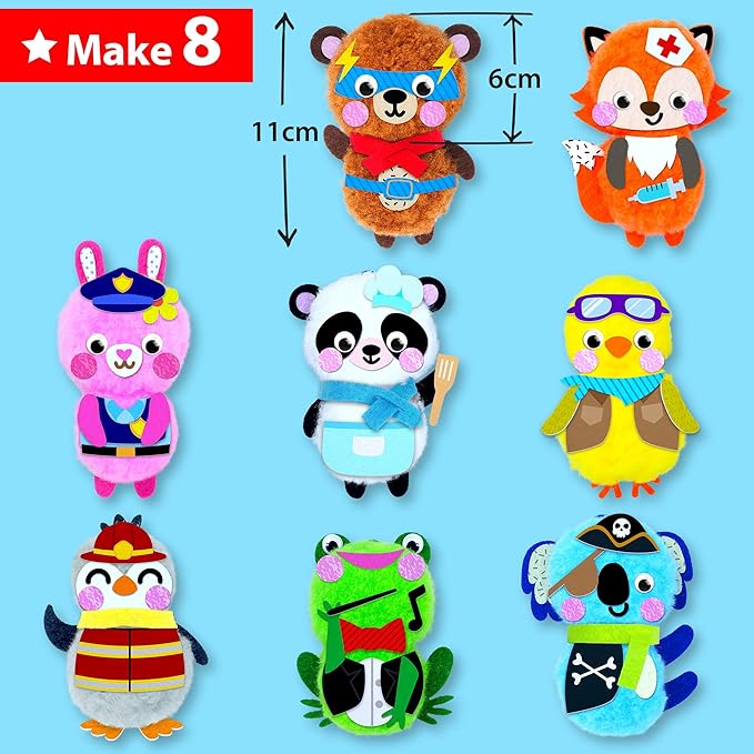 KRAFUN Easy Pom Pom Craft Kit for Kids, 8 Animal Crafts (Bear, Bunny, Panda), Felt Stickers, Instructions, Creative DIY Set for Girls and Boys, Educational Toy