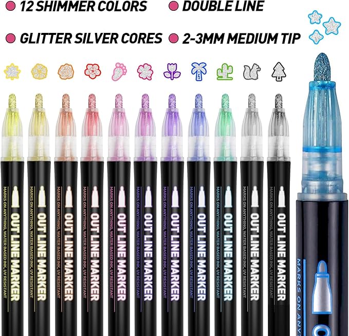 Teen Girl Gifts Trendy Stuff, 12 Shimmer Markers Outline Glitter Pens, Arts Crafts Kids Ages 8-12, Art Supplies for Kids 9-12, 8 Year Old Girl Birthday Gifts for 10 Year Old Girls