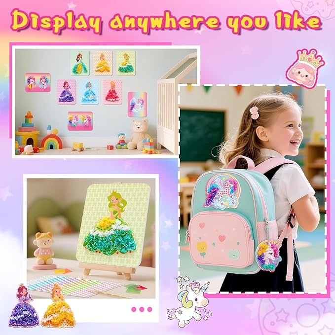 CrispPlay Princess Unicorn Girl Toys, Crafts for Kids Ages 4-8 8-12, 9pcs Poke Art Craft Kits for 4 5 6 7 8 9 Year Old Girls Birthday Christmas Gifts, DIY Kids Creative Activity, Mess Free