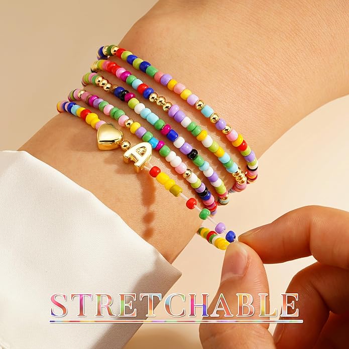 M MOOHAM 5PCS Colorful Beaded Initial Bracelets for Girls Women - Cute Stretch Heart Letter Beaded Bracelet Bohemian Initial Stackable Bracelet Birthday Gift Jewelry for Kids Teen Girl