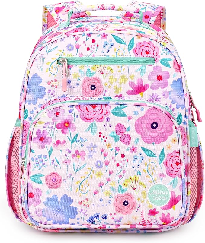 mibasies Kids Backpack for Girls: Girls Backpack 5-8 - Kindergarten Elementary School Bookbag for Girl - Flower Pink Turquoise