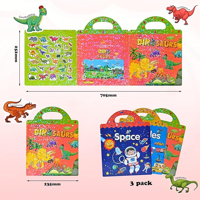 EooCoo Reusable Sticker Books for Kids, Toddler Craft Activities, Sensory Educational Toys, Toddler Travel Toys Games Crafts Gifts - Space, Dinosaurs and Vehicles