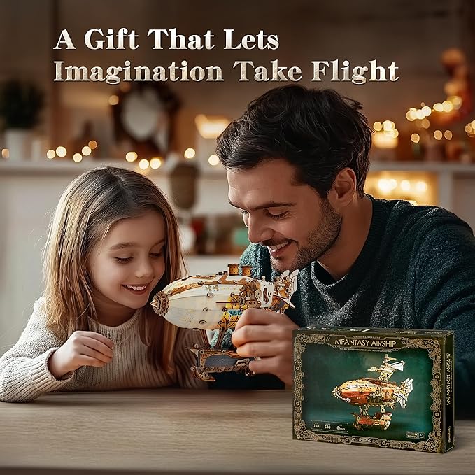 LED 3D Wood Puzzle Fantasy Airship Model - Steampunk DIY Craft Kit with LED Lights – Intricate Wooden Airship Model Building Set for Teens and Adults(White)
