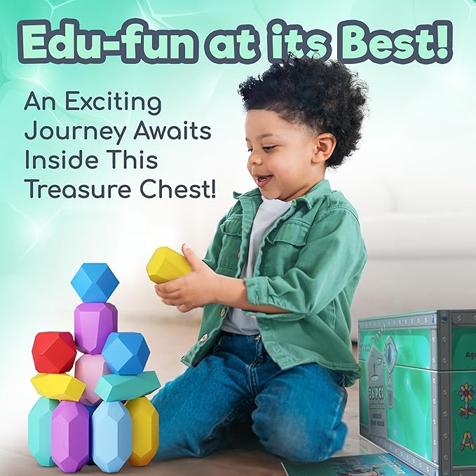 Wooden Stacking Blocks โ Montessori Toys for 1 2 3 4 5 6 Year Old Toddlers and Kids, No Choking Hazard โ Building Rocks Stones Games, for Girls and Boys