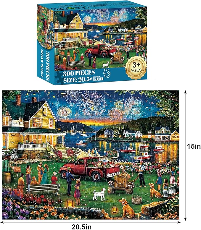 300 Piece Puzzle for Adults,Fun Summer Party Puzzle for Adults Kids Elderly,Large Piece Fireworks Puzzles for Kids Age 8-10 10-12,Challenging Fun Landscape Art Puzzle,Family Game Great Gift 20.5x15in