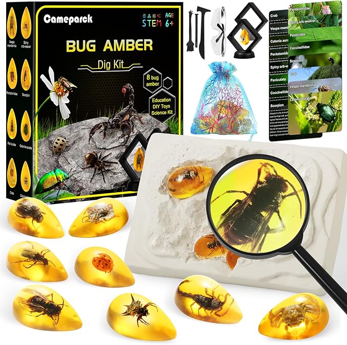 Bigger Amber Dig Kit - 8 Different Artificial Insect Resin,Excavate Unique Insect Specimens,Bugs Toys Educational Science Kits Toys for Kids,STEM Projects Gift for Girls & Boys Age 6-8-12-14 Year Old