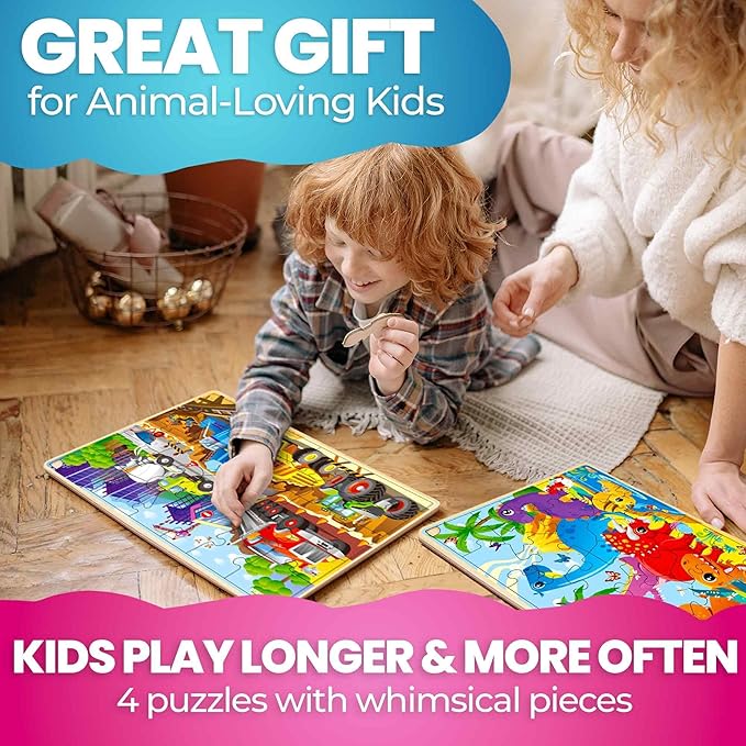 QUOKKA 4SET Puzzles for Kids Ages 4-6 - 36 Pcs Wooden Realistic Montessori Toddler Puzzles Ages 3-5 - Animals Dinosaurs Learning Games for Boys and Girls 4-8 Year Olds