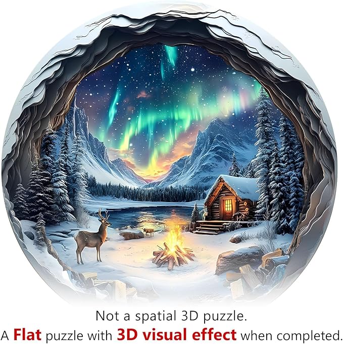 Wooden Puzzles for Adults, Flat Puzzle with 3D Visual Effect, Aurora World Wooden Jigsaw Puzzles for Adults 100 Pieces, Winter Wood Puzzles Adult, Unique Shape, Wall Art Canvas Puzzle (S-8.5 * 8.5in)