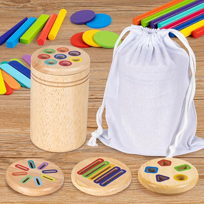 Montessori Toys for 3 4 5 Year Old, 4 in 1 Wooden Color Sorting Toys, Preschool Learning Activities Fine Motor Skills Sensory Toys for Toddlers