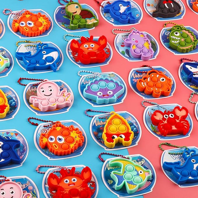 32 PCS Valentines Day Gifts for Kids,Valentines Cards for Kids Classroom with Sea Animal Pop Fidget Toys,Valentines Exchange Gifts for Classroom,Valentines Party Favors for Boys Girls